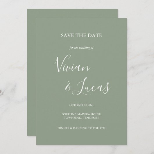 Sage Green Script Wedding Save the Date (Vorne/Hinten)
