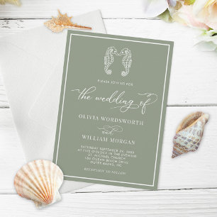 Sage Green Seepferd Coastal Beach Script Hochzeit Einladung