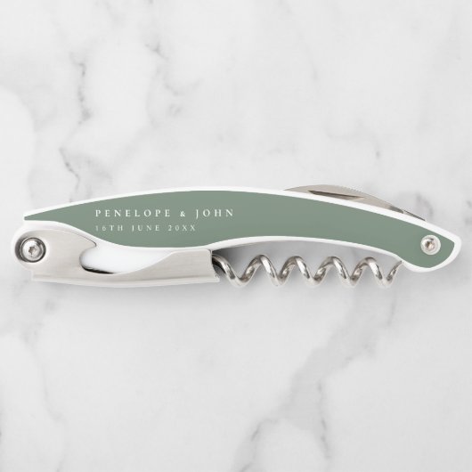 Sage Green Serif Text Name Date Wedding Kellnermesser (Vorderseite)