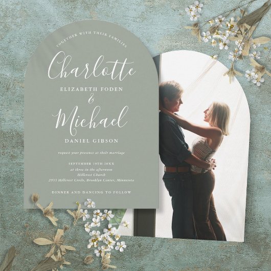 Sage Green Signature Script Foto Arch Wedding Einladung