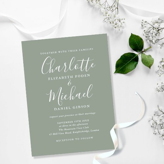 Sage Green Signature Script Hochzeit Einladungspostkarte