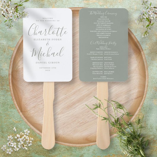 Sage Green Signature Script-Hochzeitsprogramm Fächer