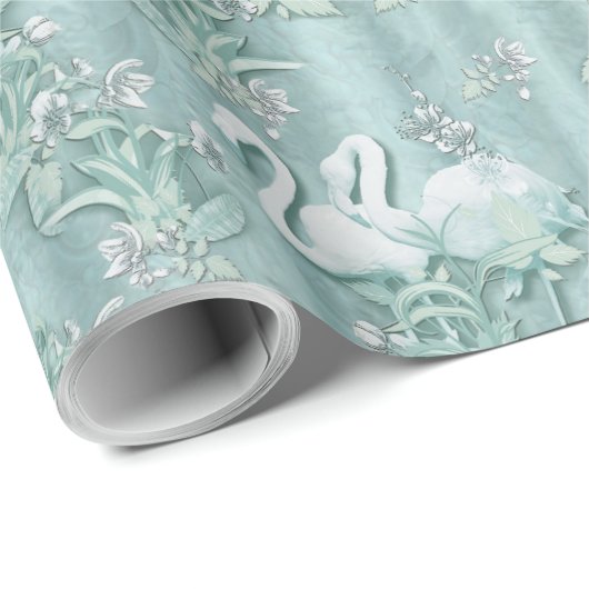 Sage Green Silk Drapes & Flamingos Blume Geschenkpapier (Rolleneckpunkt)