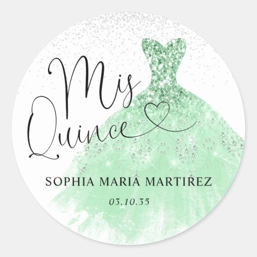 Sage Green Silver Dress Mis Quince Quinceañera Runder Aufkleber (Vorderseite)