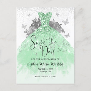 Sage Green Silver Dress Quinceañera Save the Date Postkarte