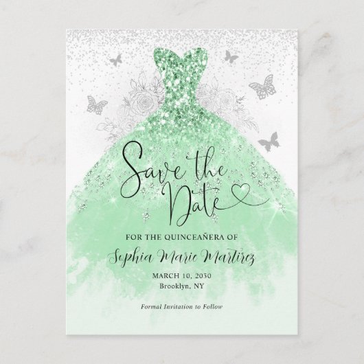 Sage Green Silver Dress Quinceañera Save the Date Postkarte (Vorderseite)