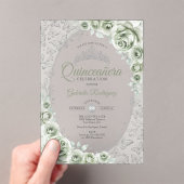 Sage Green Silver Floral Quinceanera Acryleinladungen (Insitu (Handheld))