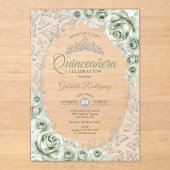 Sage Green Silver Floral Quinceanera Acryleinladungen (Vorderseite)