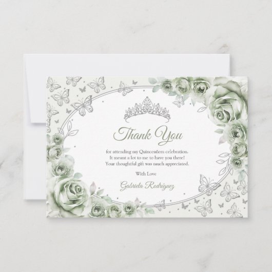 Sage Green Silver Floral Quinceanera Dankeskarte (Vorderseite)