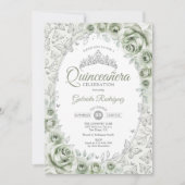 Sage Green Silver Floral Quinceanera Einladung (Vorderseite)