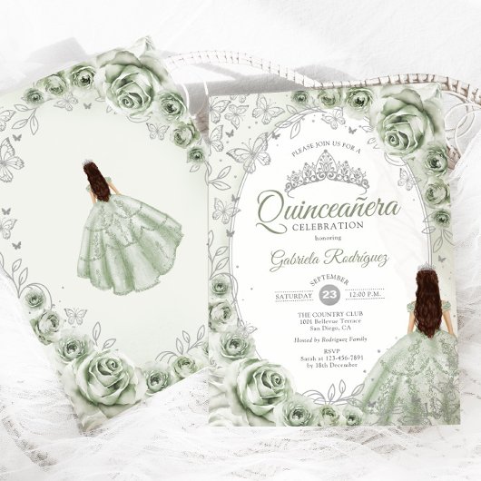 Sage Green Silver Floral Quinceanera Einladung
