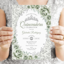 Sage Green Silver Floral Quinceanera