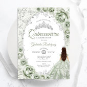 Sage Green Silver Floral Quinceanera Einladung