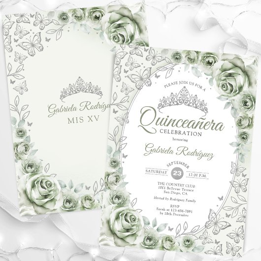 Sage Green Silver Floral Quinceanera Einladung