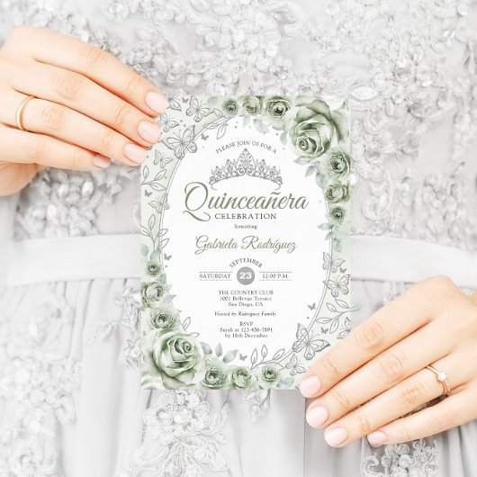 Sage Green Silver Floral Quinceanera Einladung