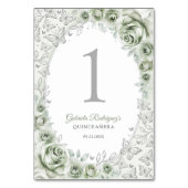 Sage Green Silver Floral Quinceanera Tischnummer (Rückseite)