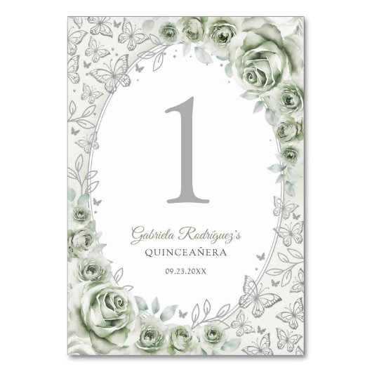 Sage Green Silver Floral Quinceanera Tischnummer (Vorderseite)