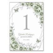 Sage Green Silver Floral Quinceanera Tischnummer (Rückseite)