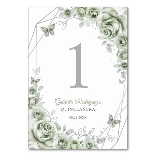 Sage Green Silver Floral Quinceanera Tischnummer (Vorderseite)