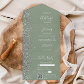 Sage Green Silver Glitter QR Code Wedding All In One Einladung
