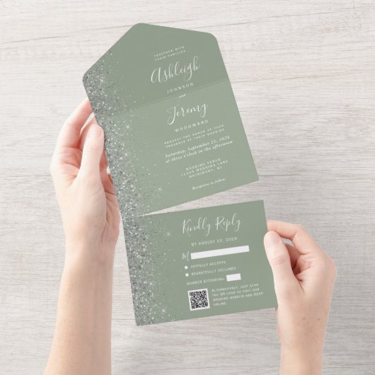 Sage Green Silver Glitter QR Code Wedding All In One Einladung (Abreißen)