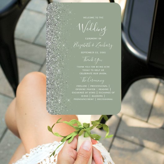 Sage Green Silver Glitzer Edge Hochzeitsprogramm Fächer