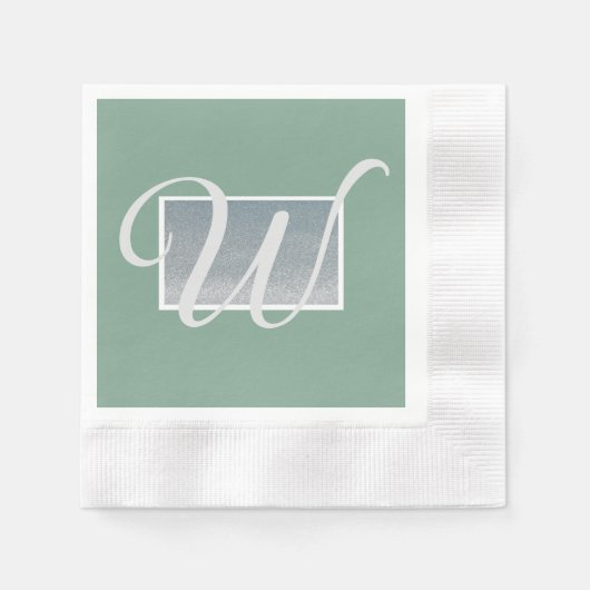 Sage Green Silver Monogram Paper Napkins Serviette (Vorderseite)