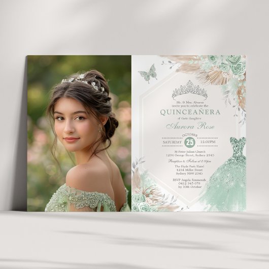 Sage Green Silver Quinceañera 15. Geburtstag Foto Einladung