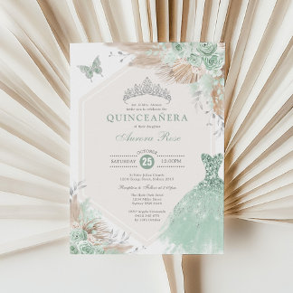 Sage Green Silver Quinceañera Boho Floral Geburtst Einladung