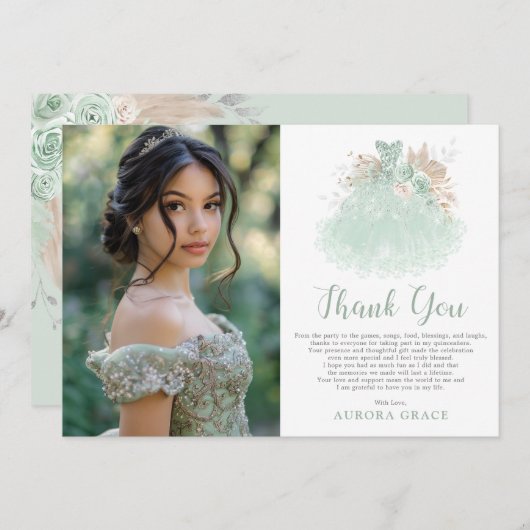 Sage Green Silver Quinceañera Dress Birthday Foto Dankeskarte (Vorne/Hinten)