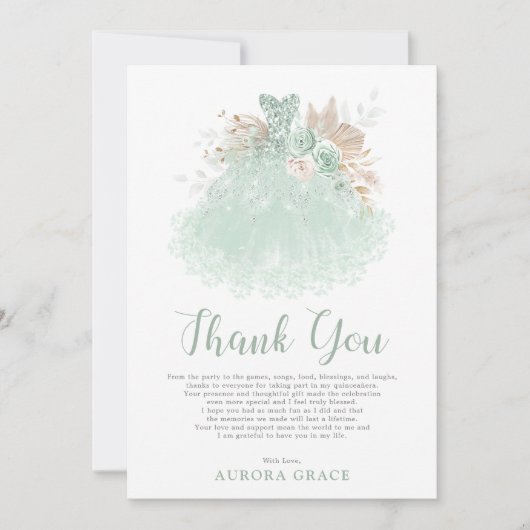 Sage Green Silver Quinceañera Dress Mis Quince Dankeskarte (Vorderseite)