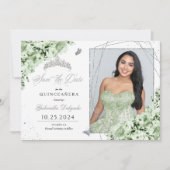 Sage Green Silver Quinceañera Save the Date Foto Einladung (Vorderseite)