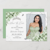 Sage Green Silver Quinceañera Save the Date Foto Einladung (Vorne/Hinten)