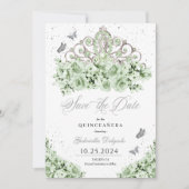 Sage Green Silver Tiara Save the Date Quinceañera Einladung (Vorderseite)