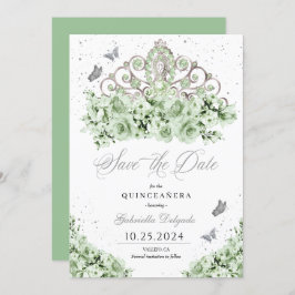 Sage Green Silver Tiara Save the Date Quinceañera Einladung