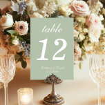 Sage Green Simple Calligraphy White Script Wedding Tischnummer<br><div class="desc">Eine einfache Tischnummer für ein schlaues,  grünes Hochzeitsfarbschema. Es ist nur weißer Text auf einem sage-grünen Hintergrund. Alles außer der Zahl selbst ist in einem eleganten kalligrafischen Skript geschrieben. Ein Mockup-Bild von Freepik wurde für das Cover-Foto verwendet.</div>