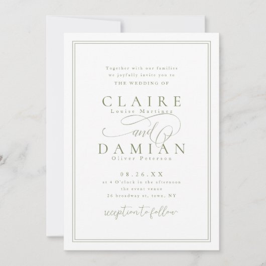 Sage Green Simple Elegance Romantische Script Hoch Einladung (Vorderseite)