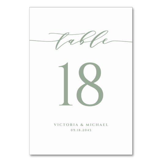 Sage Green Simple Minimalistisch Script Wedding Tischnummer (Rückseite)