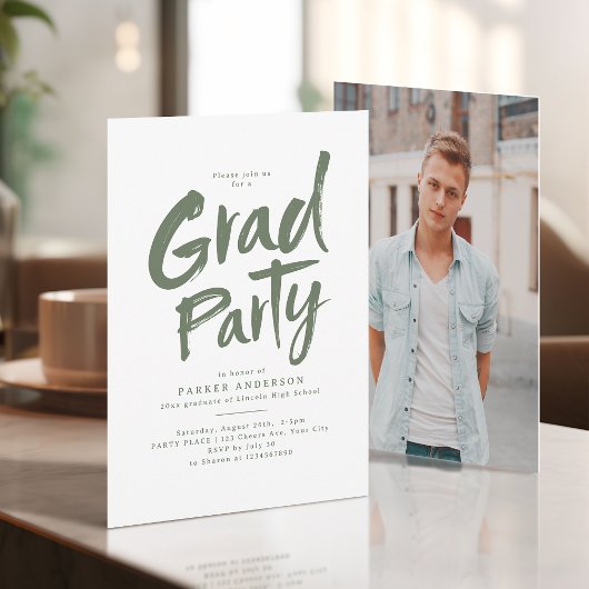 Sage Green Simple Modern Brush Script Grad Party Einladung