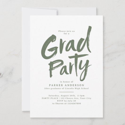 Sage Green Simple Modern Brush Script Grad Party Einladung (Vorderseite)