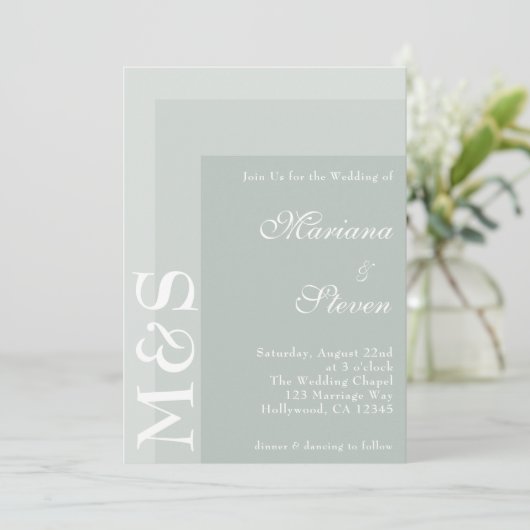 Sage Green Simple Modern Chic Script Hochzeit Einladung (Stehend Vorderseite)