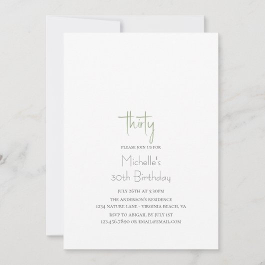 Sage Green Simple Modern Minimalistisch 30. Geburt Einladung (Vorderseite)