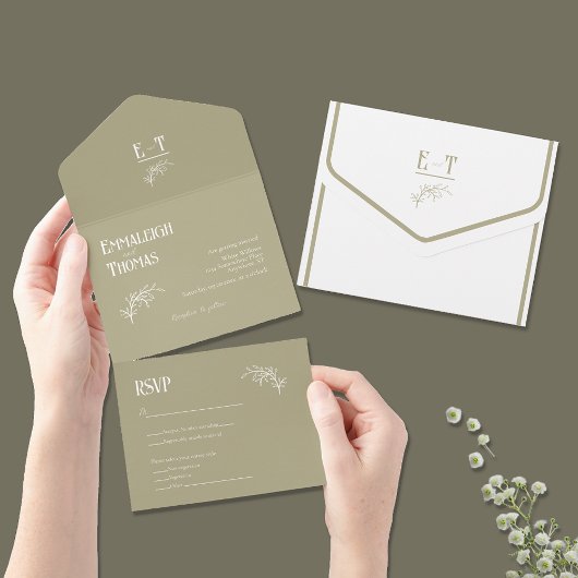 Sage Green Simple Modern Wedding All In One Einladung