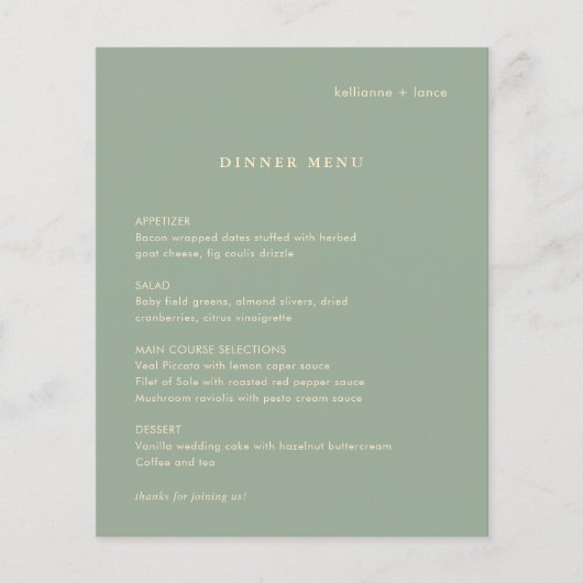 Sage Green Simple Modern Wedding Menu (Vorderseite)