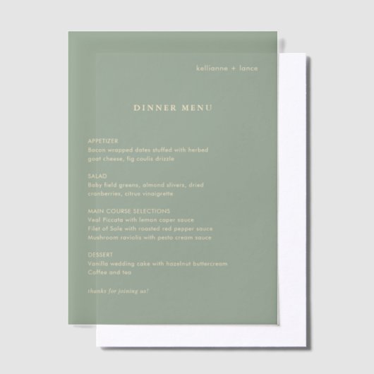 Sage Green Simple Modern Wedding Menu Pergament Einladungen (Versetzt)