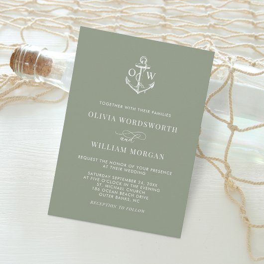 Sage Green Simple Nautical Anchor Monogram Wedding Einladung