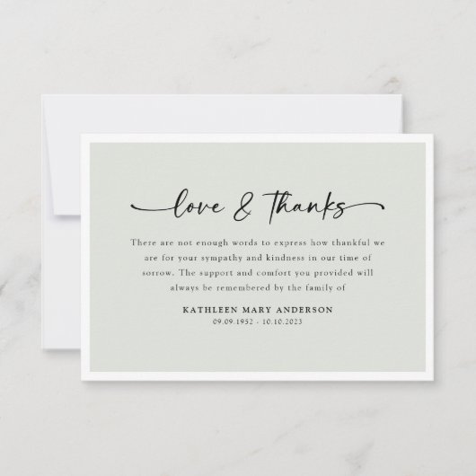 Sage Green Simple Script Funeral Dankeskarte (Vorderseite)