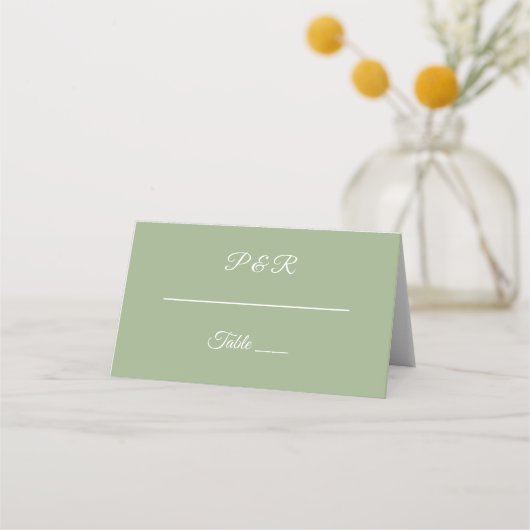 Sage Green Simple Stylized Script Wedding Platzkarte (Vorderseite)