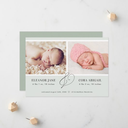 Sage Green Simple Twins Foto Birth Ankündigung (Vorderseite/Rückseite Beispiel)