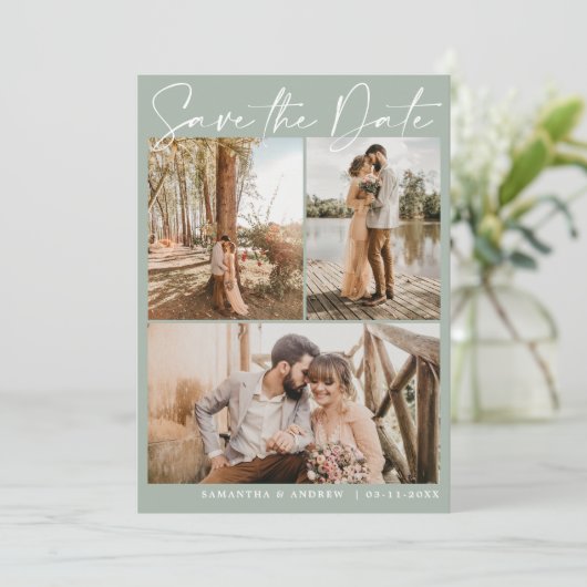 Sage Green Skript 6 Foto Hochzeit speichern Sie da Save The Date (Stehend Vorderseite)